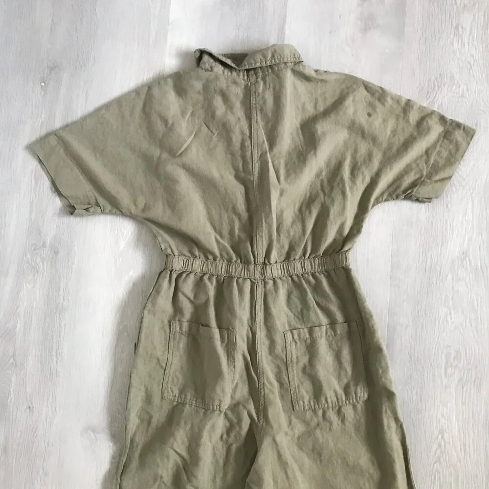 ZARA WOMENS JUMPSUIT GREEN LINEN SHORT SLEEVE WIDE LEG CASUAL SMALL